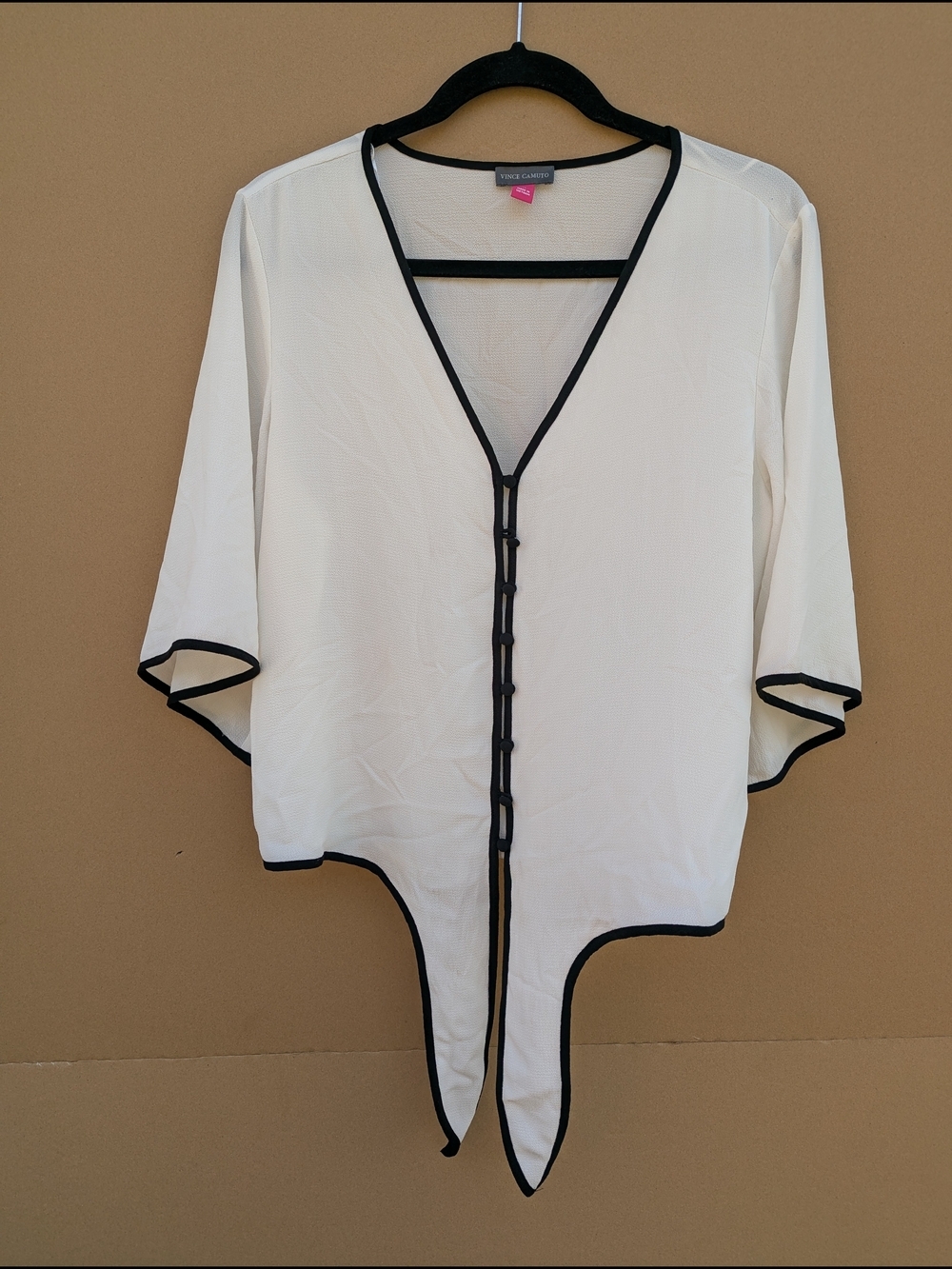 Vince Camuto Monochrome Kimono Sleeve Blouse Tie Front Medium Black White Dressy